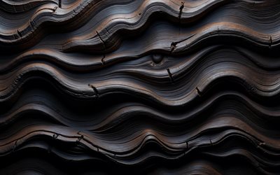 4k, textura de madeira escura, texturas naturais, macro, ondas de madeira 3d, madeira dura, texturas de madeira, fundo de madeira escuro, textura de madeira ondulada