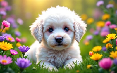 4k, खिलौना पूडल पिल्ला, क्लोज़ अप, वसंत, bokeh, कुत्ते, प्यारे जानवर, पिल्लों, पालतू जानवर, खिलौना पूडल, वसंत के फूल, लॉन पर पिल्ला, खिलौना पूडल कुत्ता