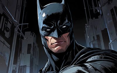 말 당번, 4k, 밤, 거리, dc 코믹스, 슈퍼 히어로, 추상 도시 풍경, 건물, 배트맨 아트, 팬 아트, 배트맨 4k