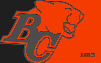 logotipo de los leones de bc, 4k, fondo naranja, arte del carbono, cfl, emblema de los leones de bc, equipo de fútbol canadiense, canadá, leones de bc, fútbol americano