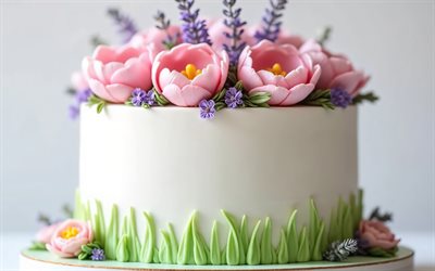 Cake decorated with tulips, 4k, spring cake, spring cake ideas, tulips for cake, pink tulips, spring