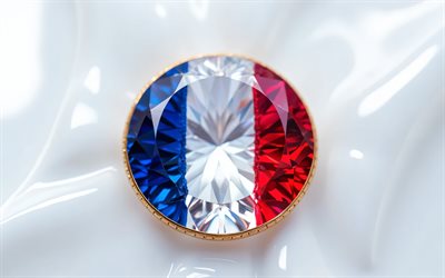 Flag of France, 4k, France flag inside a gemstone, white background, France flag, gemstone, white crystal background, France, French flag