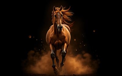 Running brown horse, 4k, wild horses, black background, Asia, beautiful horses, brown horse, horses