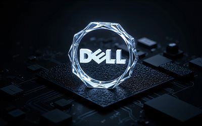dell logo mit weißen kristallen, 4k, schwarzer technologiehintergrund, dell kristallemblem, weißes 3d logo von dell, dell zeichen, schwarzes mainboard, dell weiß leuchtendes schild, dell logo, dell