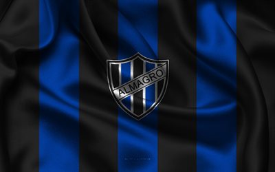 4k, logo du club almagro, équipe d'argentine de football, tissu en soie bleu noir, primera nationale, emblème du club almagro, club almagro, argentine, football, panneau du club almagro