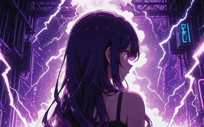 4k, ai hoshino, vista traseira, noite, oshi no ko, mangá, iluminações roxas, série de mangá oshi no ko, obra de arte, hoshino ai, protagonista, ai hoshino oshi no ko