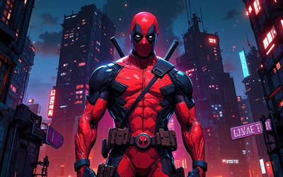 4k, 데드풀, 야경, 사이버펑크, 슈퍼 히어로, 마블 코믹스, 거리, 데드풀 아트, 팬 아트, 데드풀 4k