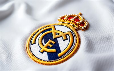 Real Madrid fabric logo, white fabric background, Real Madrid emblem, Real Madrid logo, white wave silk background, Real Madrid sign, La Liga, Spain, football, Real Madrid, Real Madrid CF logo, Real Madrid CF