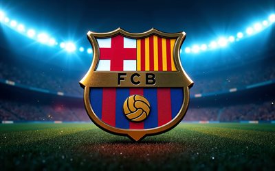 logotipo metálico do fc barcelona, 4k, estádio de futebol, holofotes, laliga, futebol, logotipo do barcelona, logotipo 3d do fc barcelona, barcelona, liga, fcb, clube de futebol espanhol, barcelona fc