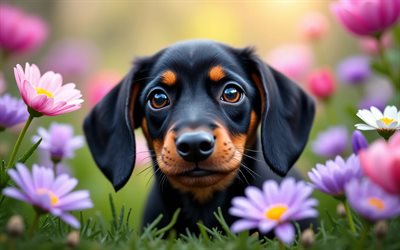 4k, cachorro de perro salchicha, flores moradas, primavera, bokeh, perros, animales lindos, cachorros, mascotas, perro tejonero, flores de primavera, cachorro en el césped, perro salchicha