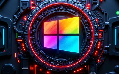 abstraktes windows 10 logo, 4k, dunkler high tech hintergrund, bunte neonlichter, dirigenten, mikroschaltung, os marken, windows 10 3d logo, marken, buntes windows 10 logo, kunstwerk, windows 10 logo, windows 10