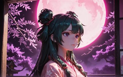 MaoMao, 4k, night, pink moon, The Apothecary Diaries, spring, kimono, manga, protagonist, The Apothecary Diaries characters, artwork, MaoMao The Apothecary Diaries
