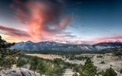 la puesta del sol, el Parque Nacional Rocky Mountain, bosque, montañas, Colorado, estados UNIDOS, América