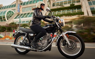 garota motociclista, estrada, 2016, yamaha sr400, movimento, preto yamaha