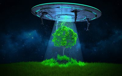 UFO, wood, aliens, grass, night
