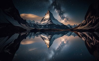4k, Matterhorn, Milky Way, nightscapes, Alps, mountains, Switzerland, Europe, Swiss landmarks, Matterhorn at night