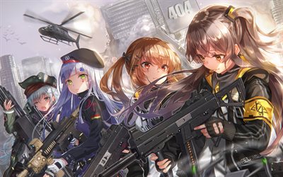 HK416, UMP45, UMP9, G11, 404, cityscape, Girls Frontline, artwork, SRPG, manga, UMP45 Girls Frontline, UMP9 Girls Frontline, 404 Girls Frontline, HK416 Girls Frontline