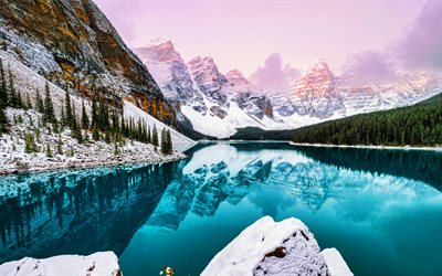 4k, Moraine Lake, winter, Alberta, blue lakes, HDR, canadian landmarks, mountains, Valley of the Ten Peaks, Banff National Park, forest, travel concepts, Canada, Banff