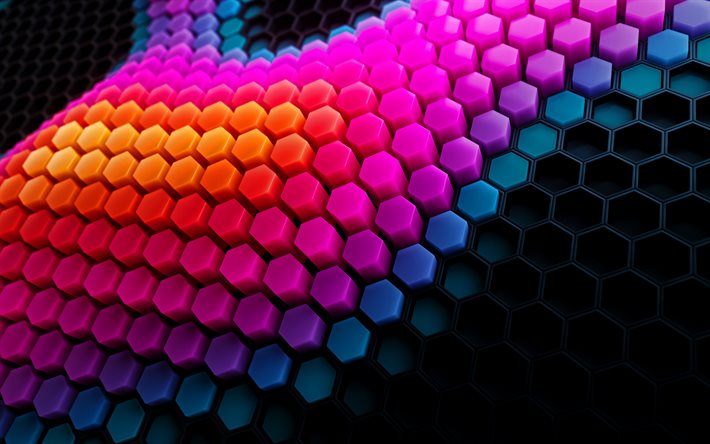 hexagons 3d backround, 4k, geometria, ondas 3d, hexágonos coloridos, texturas 3d, hexágonos 3d, padrões de favo de mel, fundo com hexágonos, formas geométricas, padrões de hexágonos, padrões geométricos, favos de mel