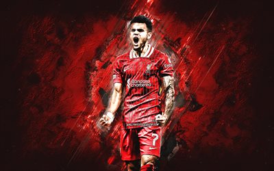 Luis Diaz, Liverpool FC, red stone background, grunge art, Premier League, England, football, Colombian footballer, Luis Diaz Liverpool