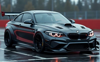 bmw m2, 4k, réglage, pluie, supercars, f87, art 3d, bmw m2 f87, voitures allemandes, bmw