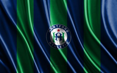 4k, Hartford Athletic logo, USL, blue green silk texture, Hartford Athletic flag, American soccer team, soccer, silk flag, Hartford Athletic emblem, USA, Hartford Athletic badge, Hartford Athletic