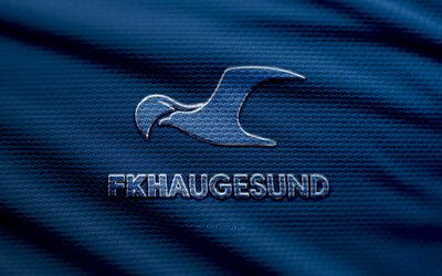 logotipo de tecido fk haugesund, 4k, fundo de tecido azul, eliteserien, bokeh, futebol, logotipo fk haugesund, fk haugesund emblema, fk haugesund, clube de futebol norueguês