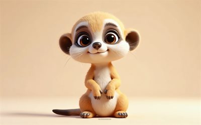 4k, netter 3d  meerkat, cartoon 3d waschbär, süße tiere, meerkat, 3d  tiere, cartoon 3d  tiere, lustiger meerkat, kleiner meerkat, orangefarbener hintergrund