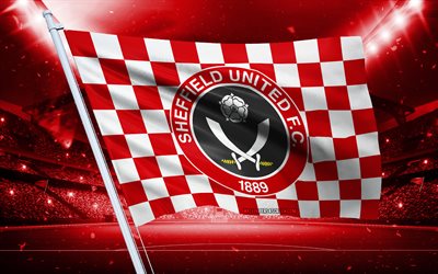 4k, logo sheffield united fc, club de football anglais, drapeau du stade, drapeau des fans du sheffield united fc, drapeau blanc rouge, emblème du sheffield united fc, championnat, angleterre, football, sheffield united fc