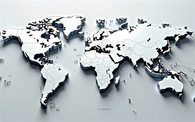 خريطة العالم الأبيض ثلاثي الأبعاد, 4k, خلفية بيضاء, مفاهيم خريطة العالم, الفن ثلاثي الأبعاد الإبداعي, خريطة العالم, خلفية مع خريطة العالم
