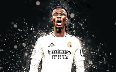 4k, Eduardo Camavinga, black abstract background, Real Madrid FC, La Liga, French footballers, Eduardo Camavinga 4K, white neon lights, football, Real Madrid, soccer, LaLiga, Real Madrid CF, Eduardo Camavinga Real Madrid