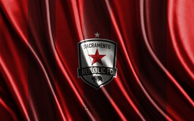 4k, Sacramento Republic FC logo, USL, red silk texture, Sacramento Republic FC flag, American soccer team, soccer, silk flag, Sacramento Republic FC emblem, USA, Sacramento Republic FC badge, Sacramento Republic FC