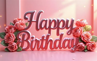 buon compleanno, 4k, sfondo di compleanno rosa, arte creativa, concetti di buon compleanno, iscrizione 3d di buon compleanno, auguri di buon compleanno, biglietto di auguri di buon compleanno, rose rosa 3d