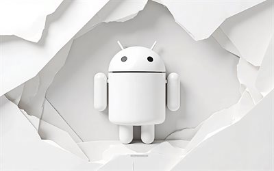 Android white 3d logo, 4k, Android robot, Android logo, abstract paper background, creative 3d art, Android, background with Android logo