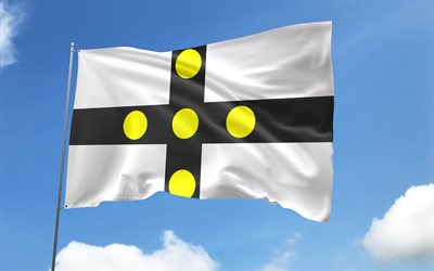 Tourcoing flag on flagpole, 4K, French cities, blue sky, flag of Tourcoing, wavy satin flags, Tourcoing flag, cities of France, flagpole with flags, Day of Tourcoing, France, Tourcoing