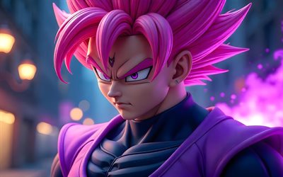 Super Saiyan Rose, 4k, 3D art, purple fire flames, Goku Burakku, Black Goku Dragon Ball, antagonist, Dragon Ball, Son Goku Black, Dragon Ball Super, DBS, DBS characters, Supa Saiya-jin Roze, Black Goku DBS, Black Goku