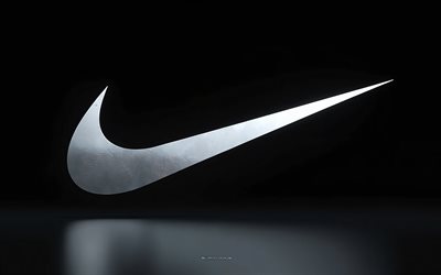 nike logo, 4k, schwarzer hintergrund, nike creative steel logo, schwarzer bodenhintergrund, nike, kreative kunst, nike emblem
