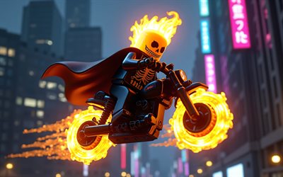 4k, Ghost Rider, nightscape, superheroes, Lego art, Marvel Comics, Ghost Rider Lego, 3D art, Ghost Rider 3D, fan art, Ghost Rider 4K