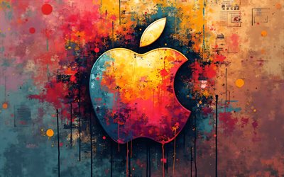 apple 3dロゴ, 4k, クリエイティブ, カラフルなグランジの背景, ブランド, apple grungeのロゴ, アップルメタルロゴ, アートワーク, アップルロゴ, りんご