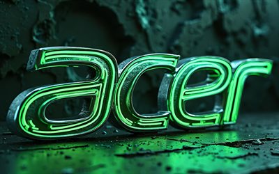 4k, الشعار المعدني acer, مبدع, خلفيات الحجر, acer 3d logo, العمل الفني, أيسر الأخضر شعار, شعار أيسر, العلامات التجارية الإلكترونيات, أيسر