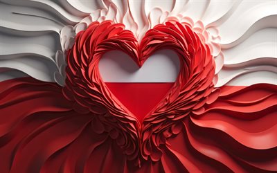 4k, ich liebe polen, weißer rotes 3d  hintergrund, 3d  kunst, kreativ, tag polens, flag von polen, herz mit polnischer flagge, 3d  herzen, polnische flagge, polen, liebe für polen