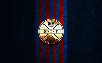 stromsgodset se o logotipo dourado, 4k, fundo de pedra azul, eliteserien, clube de futebol norueguês, stromsgodset se logotipo, futebol, stromsgodset se emblema, stromsgodset se, stromsgodset fc