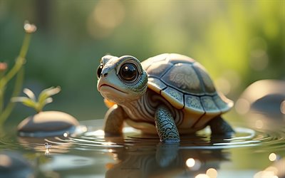 4k, süße 3d  schildkröte, cartoon 3d turtle, süße tiere, waschbär, 3d  tiere, cartoon 3d  tiere, lustige schildkröte, kleine schildkröte, waldhintergrund