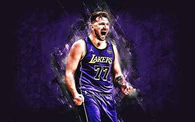 luka doncic, los angeles lakers, sloven basketbol oyuncusu, nba yıldızları, mor taş arka plan, grunge art, nba, basketbol, amerika, la lakers, luka doncic los angeles lakers