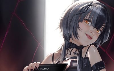 4k, 시오리 소설, 3d 아트, 가상 youtuber, 어둠, 노란 눈, 홀로 출현, vtuber, 홀로 리브, 만화, shiori 소설 채널