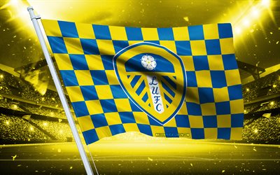4k, leeds united fc logosu, ingiliz futbol kulübü, stadyum bayrağı, leeds united fc hayranları bayrağı, sarı mavi bayrak, leeds united fc amblemi, şampiyonluk, ingiltere, futbol, leeds united fc