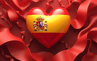j'adore l'espagne, 4k, arrière plans rouges 3d, œuvres d'art, jour d'espagne, drapeau de l'espagne, créatif, art 3d, cœur avec drapeau espagnol, coeurs 3d, drapeau espagnol, espagne, amour pour l'espagne