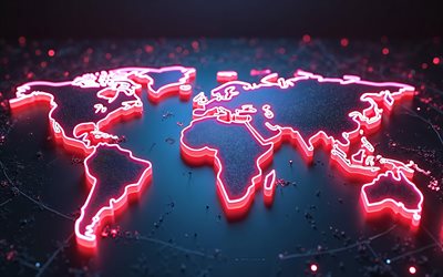 4k, carte du monde 3d avec néons, concepts de la carte du monde, monde numérique, carte du monde, carte du monde 3d, fond noir avec carte du monde 3d, technologie numérique, carte créative du monde