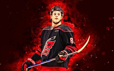 4k, Jesperi Kotkaniemi, red abstract background, Carolina Hurricanes, NHL, Finnish hockey players, Jesperi Kotkaniemi 4K, red neon lights, hockey, National Hockey League, Jesperi Kotkaniemi Carolina Hurricanes