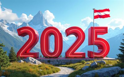 2025 Austria, 4k, red 3d digits, travel to Austria 2025, Austria 2025 digits, 3d art, Austrian flag, 2025 3d digits, Austria, summer, Alps, summer in Austria, 2025 concepts